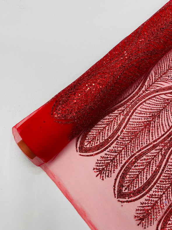 Red Glitter Feather Damask Design On A Mesh Lace Fabric/Prom.