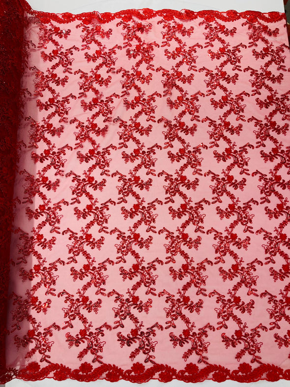 Red Flower lace corded and embroider with sequins on a mesh- Sold by the yard
