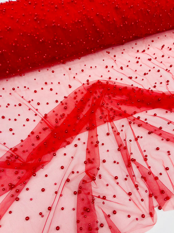 Heavy Scattered Pearls Studded Mesh, 2-Way Stretch, Sold By The Yard.