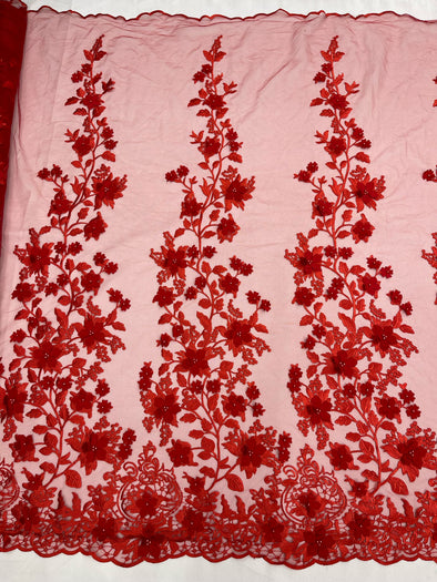 Red 3D floral design embroider and beaded with pearls on a mesh lace-prom-dresses-nightgown-apparel-fashion-Sold by yard