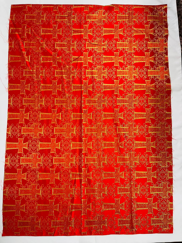 Red Metallic Big Cross Brocade Jacquard Satin/Religious Brocade/58 Inches Wide/Liturgical Fabric/Church/Vestment.