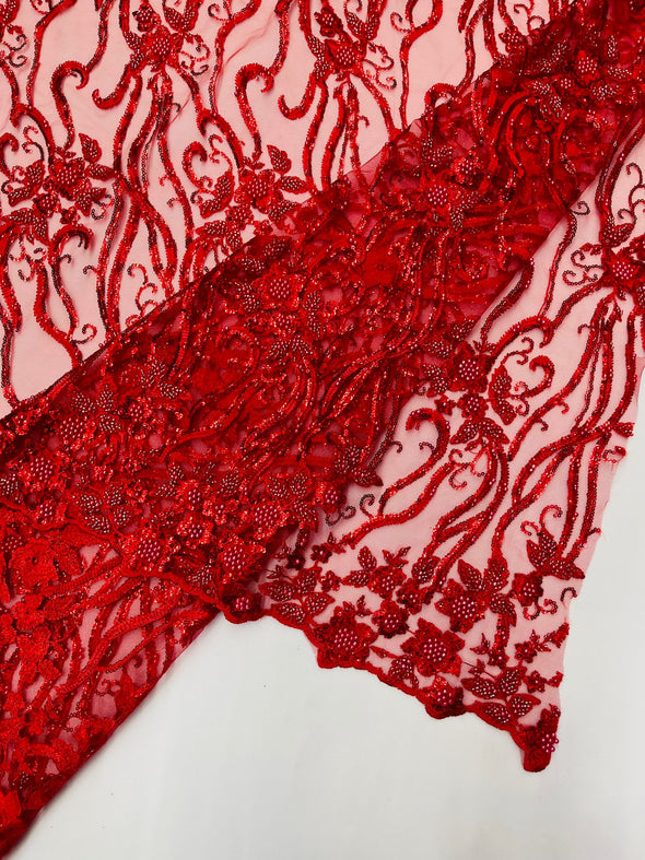Red Vine Floral Beaded Lace Sequin Embroider lace Sold By The Yard.