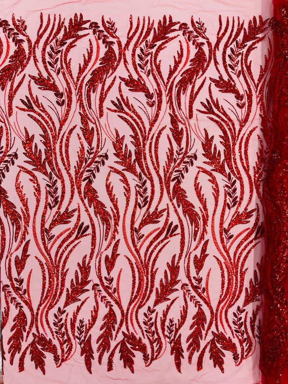 Red Luxury Festival Beaded Vine Lace Fabric, Sold by The Yard.