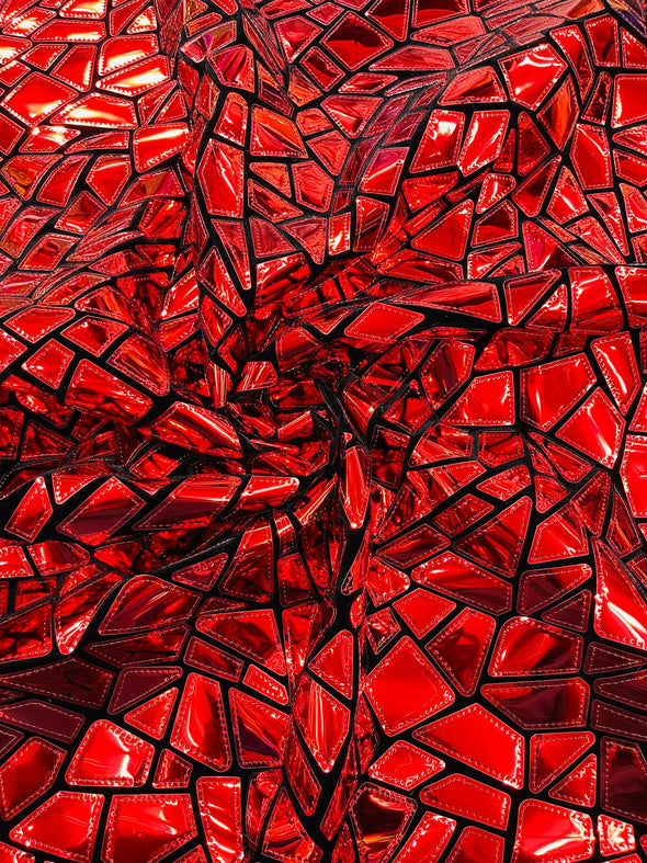 Red Shiny Broken Glass Sequin Design/Geometric/ On Black Stretch Velvet Fabric Sold By The Yard