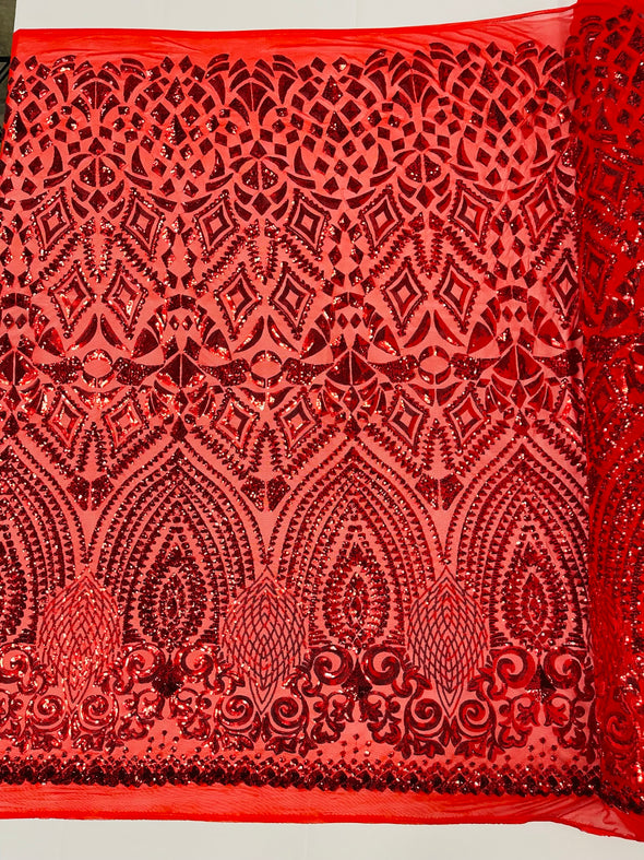 Red Diamond Geometric Sequin On A Stretch Mesh Fabric. By The Yard.