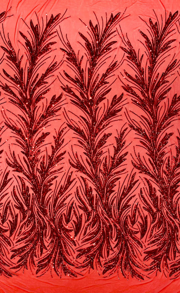 Feather damask shiny sequin design on a 4 way stretch mesh Fabric-prom-Sold by the yard