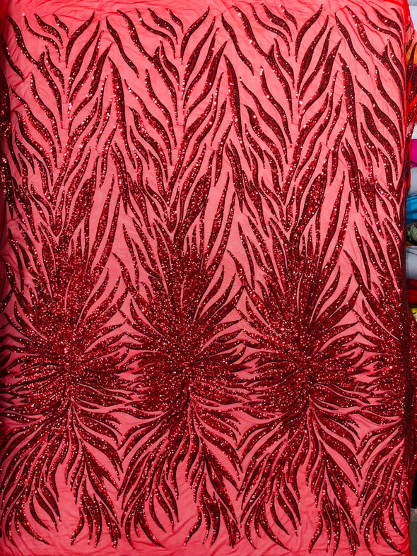 Red Phoenix Feather Design with Sequins Embroider on a Red 4 way Stretch Mesh Fabric- Sold by the yard.