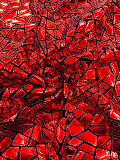 Red  Holographic Shiny Broken Glass Sequin Design/Geometric/ On Black Stretch Velvet Fabric Sold By The Yard