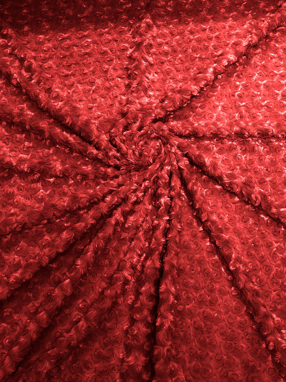 Red 58" Wide Minky Swirl Rose Blossom Ball Rosebud Plush Fur Fabric Polyester-Sold by Yard.