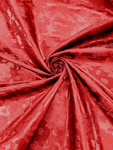 Red Polyester Big Roses/Floral Brocade Jacquard Satin Fabric/ Cosplay Costumes, Table Linen- Sold By The Yard