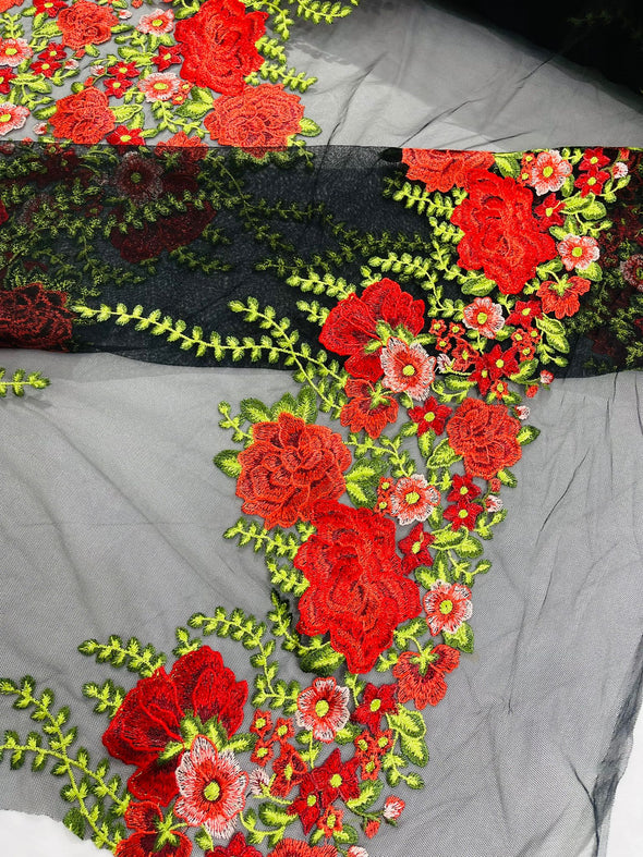 Red Roses Multi Color Floral Design Embroider on a Black Mesh Lace Fabric- Sold by the yard.