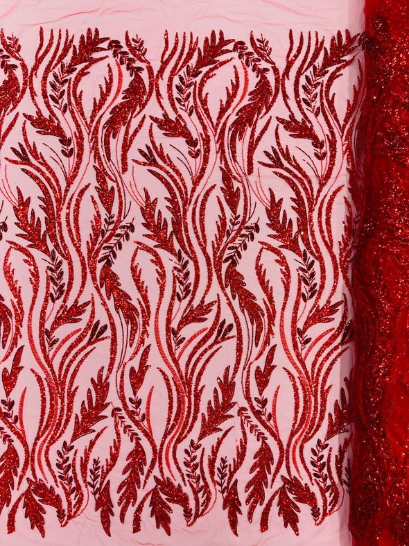 Red Luxury Festival Beaded Vine Lace Fabric, Sold by The Yard.