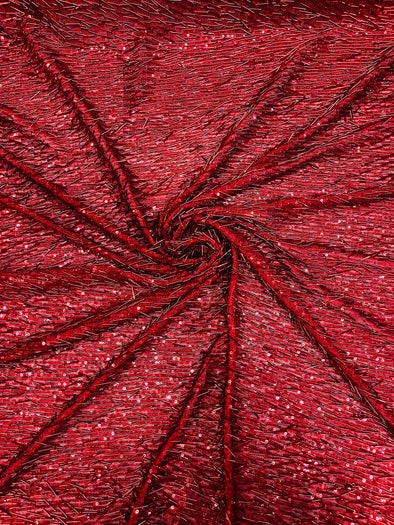 Red Vegas Beaded Sequin Stretch Mesh Fabric, Embroidered Design for Prom Gown, by The Yard