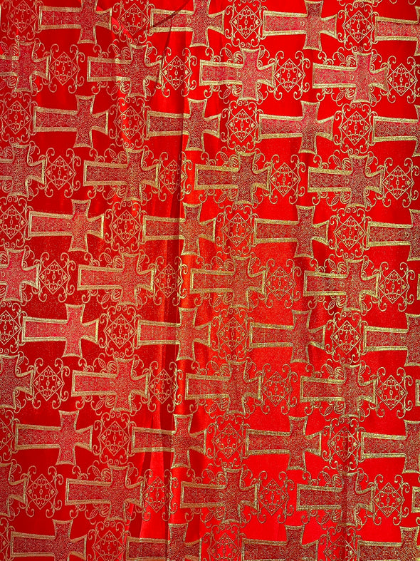 Red Metallic Big Cross Brocade Jacquard Satin/Religious Brocade/58 Inches Wide/Liturgical Fabric/Church/Vestment.