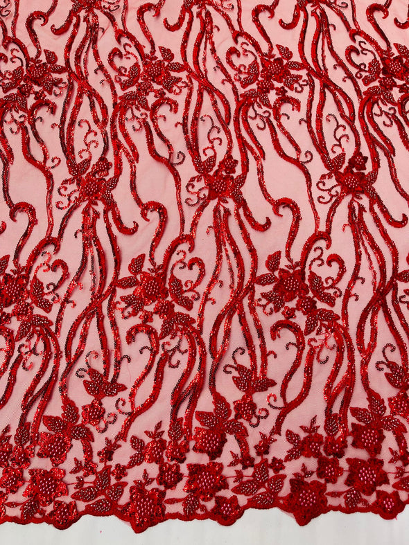 Red Vine Floral Beaded Lace Sequin Embroider lace Sold By The Yard.