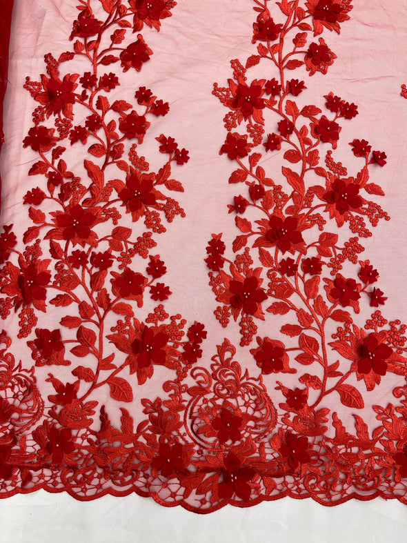 Red 3D floral design embroider and beaded with pearls on a mesh lace-prom-dresses-nightgown-apparel-fashion-Sold by yard