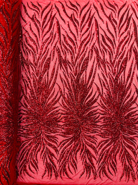 Red Phoenix Feather Design with Sequins Embroider on a Red 4 way Stretch Mesh Fabric- Sold by the yard.