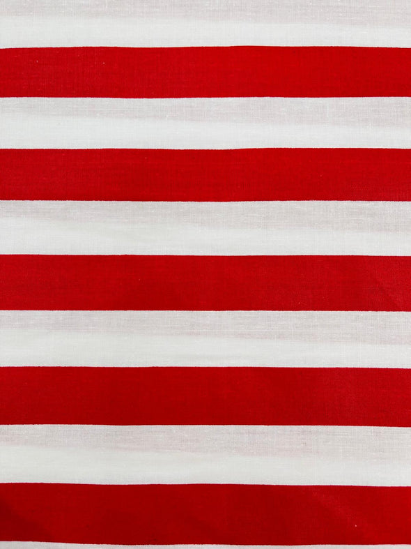 Red 60" Wide by 1" Stripe Poly Cotton Fabric Sold By The Yard.