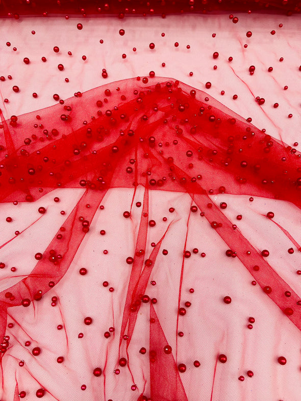 Heavy Scattered Pearls Studded Mesh, 2-Way Stretch, Sold By The Yard.