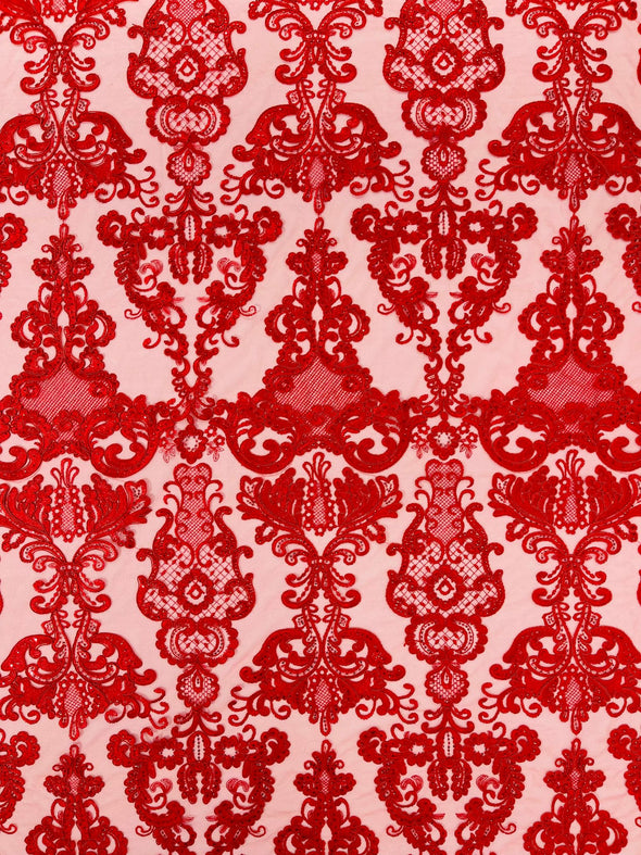Red Embroidery Damask Design With Sequins On A Mesh Lace Fabric/Prom/Wedding