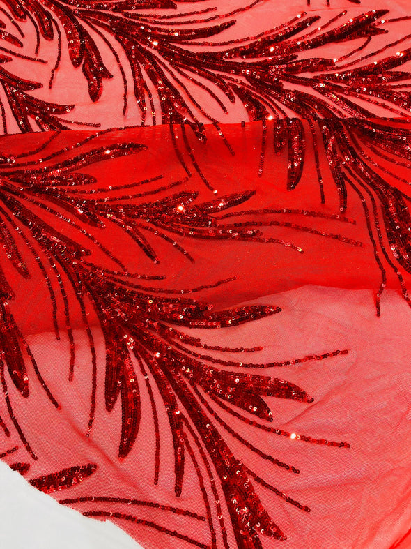 Red Feather damask shiny sequin design on a 4 way stretch mesh Fabric-prom-Sold by the yard