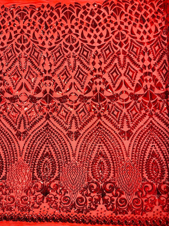 Red Diamond Geometric Sequin On A Stretch Mesh Fabric. By The Yard.