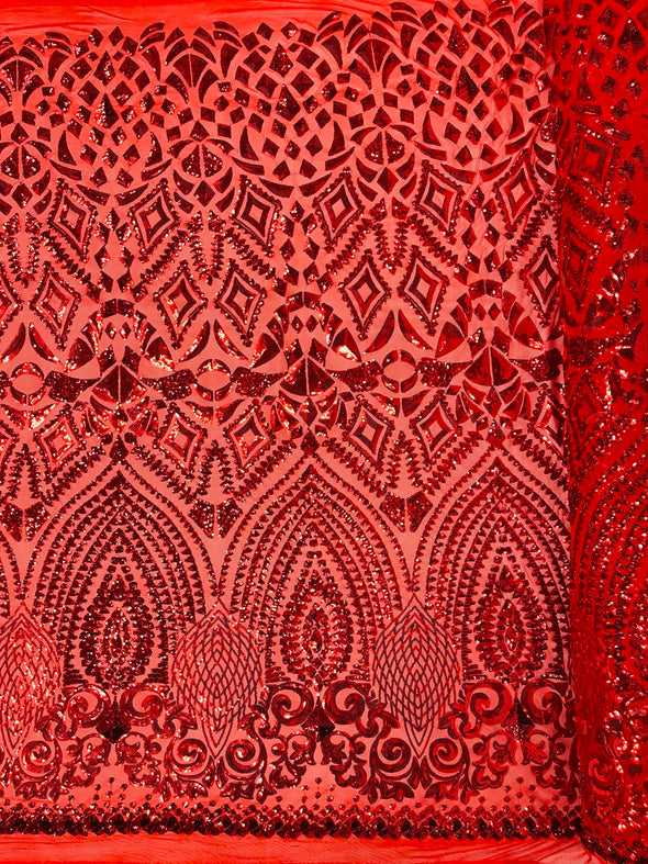 Red Diamond Geometric Sequin On A Stretch Mesh Fabric. By The Yard.