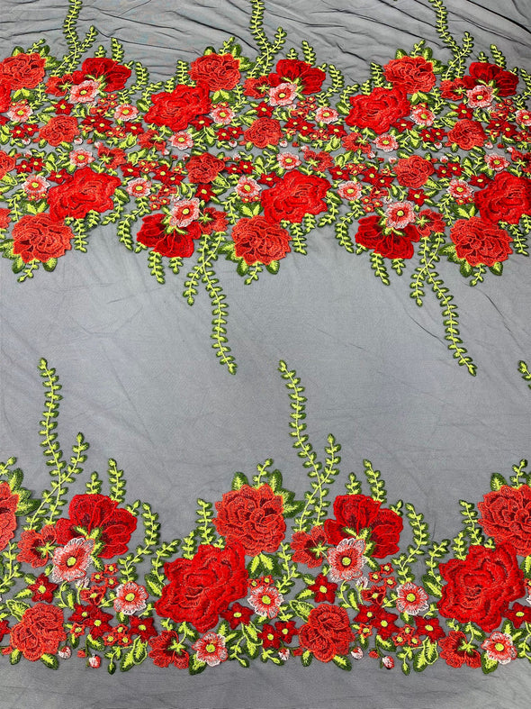 Red Roses Multi Color Floral Design Embroider on a Black Mesh Lace Fabric- Sold by the yard.