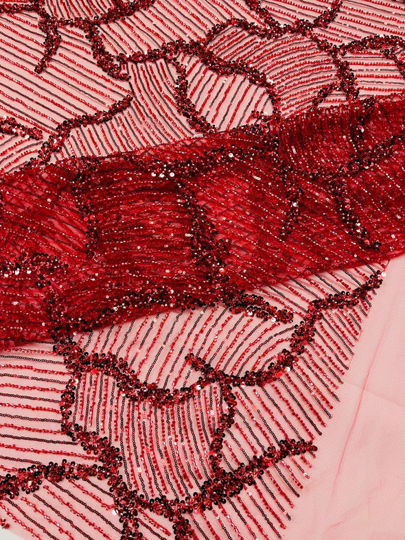 Red Leaf Embroider and Heavy Beaded on a Mesh Lace Fabric-Wedding-Prom-Sold by the yard