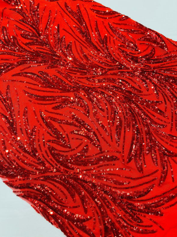 Red Feather damask shiny sequin design on a 4 way stretch mesh Fabric-prom-Sold by the yard