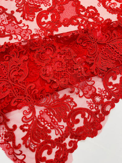 Red Embroidery Damask Design With Sequins On A Mesh Lace Fabric/Prom/Wedding