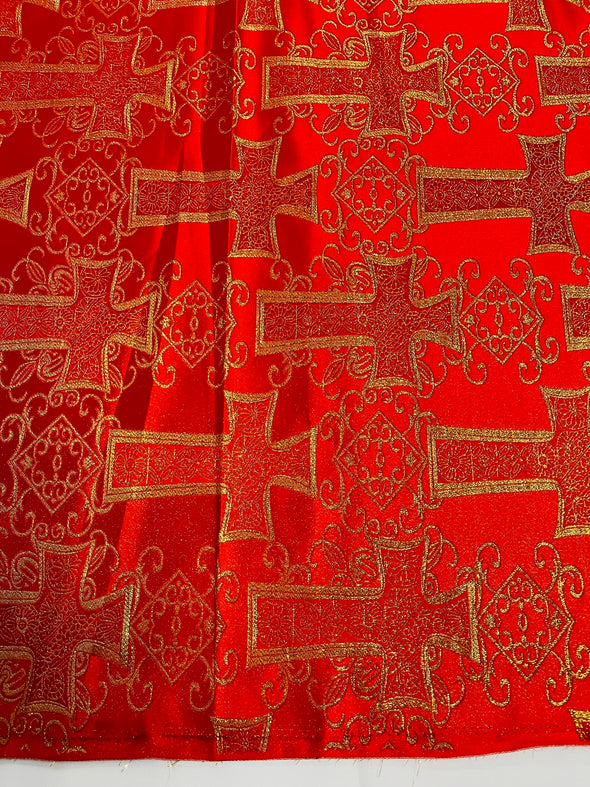 Red Metallic Big Cross Brocade Jacquard Satin/Religious Brocade/58 Inches Wide/Liturgical Fabric/Church/Vestment.
