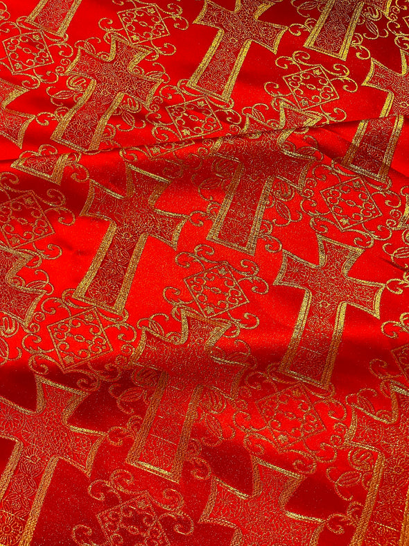 Red Metallic Big Cross Brocade Jacquard Satin/Religious Brocade/58 Inches Wide/Liturgical Fabric/Church/Vestment.