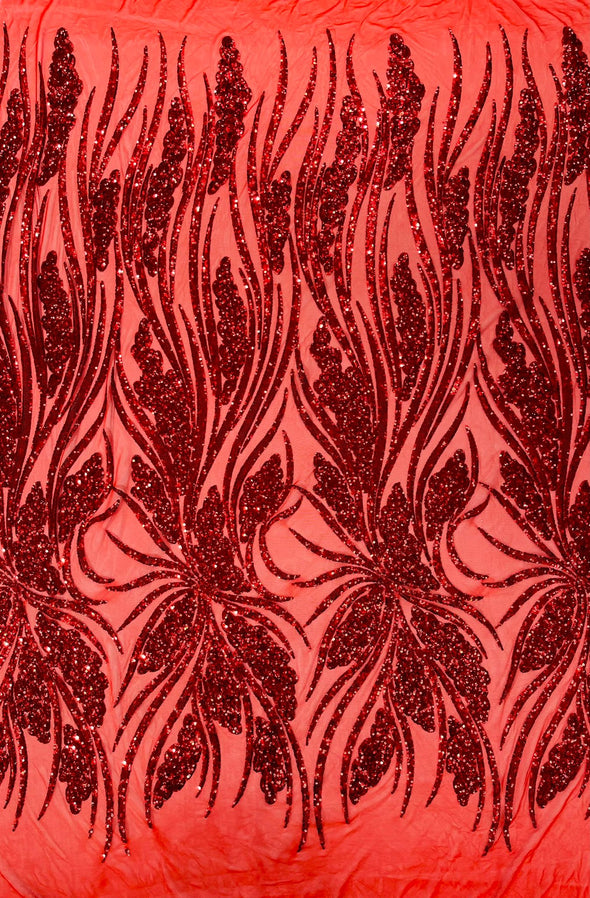 Feather damask shiny sequin design on a 4 way stretch mesh Fabric-prom-Sold by the yard