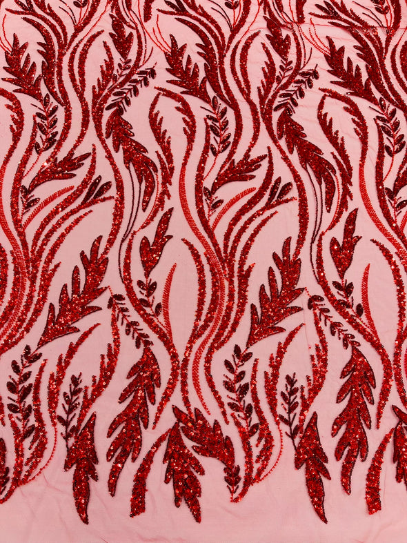 Red Luxury Festival Beaded Vine Lace Fabric, Sold by The Yard.