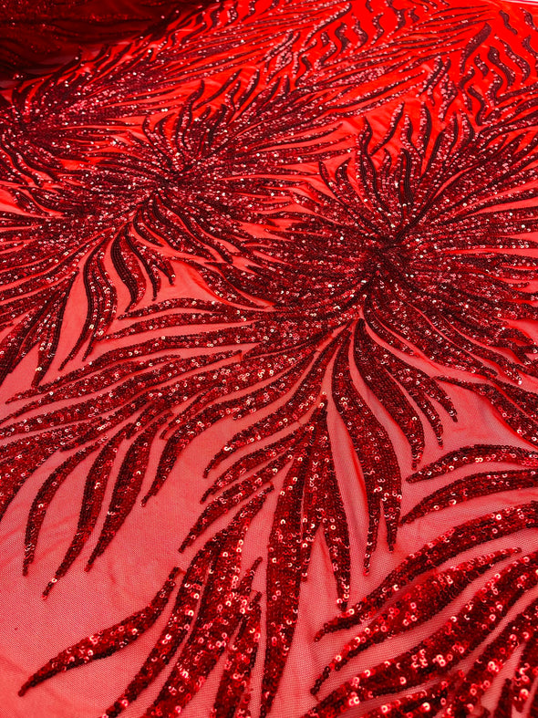 Red Phoenix Feather Design with Sequins Embroider on a Red 4 way Stretch Mesh Fabric- Sold by the yard.