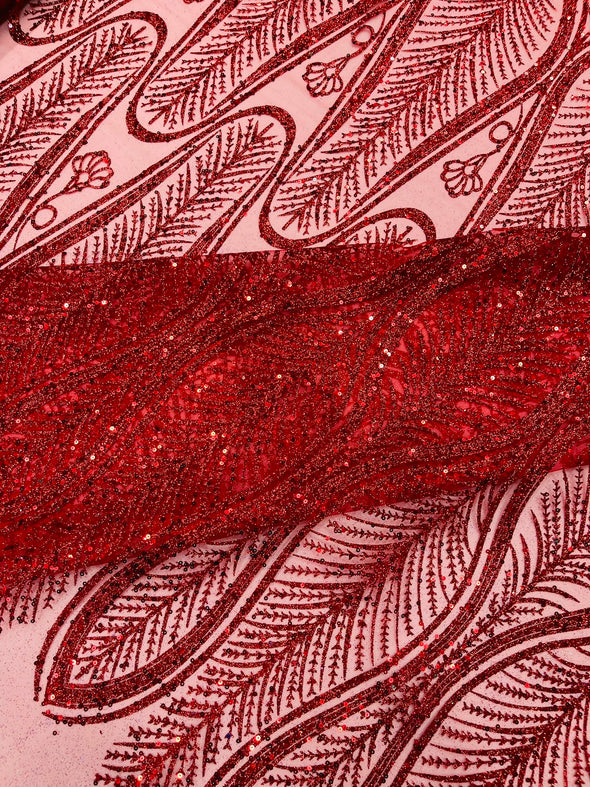 Red Glitter Feather Damask Design On A Mesh Lace Fabric/Prom.