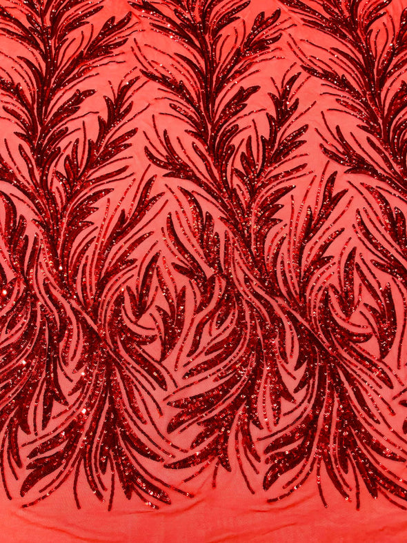 Red Feather damask shiny sequin design on a 4 way stretch mesh Fabric-prom-Sold by the yard