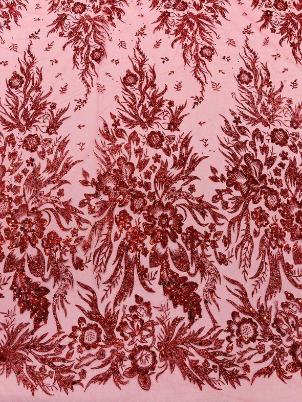 Big Glitter Damask Design On A Mesh Lace Fabric/Prom/Sold By The Yard