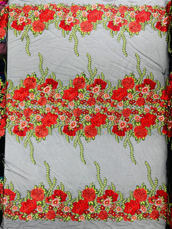 Red Roses Multi Color Floral Design Embroider on a Black Mesh Lace Fabric- Sold by the yard.