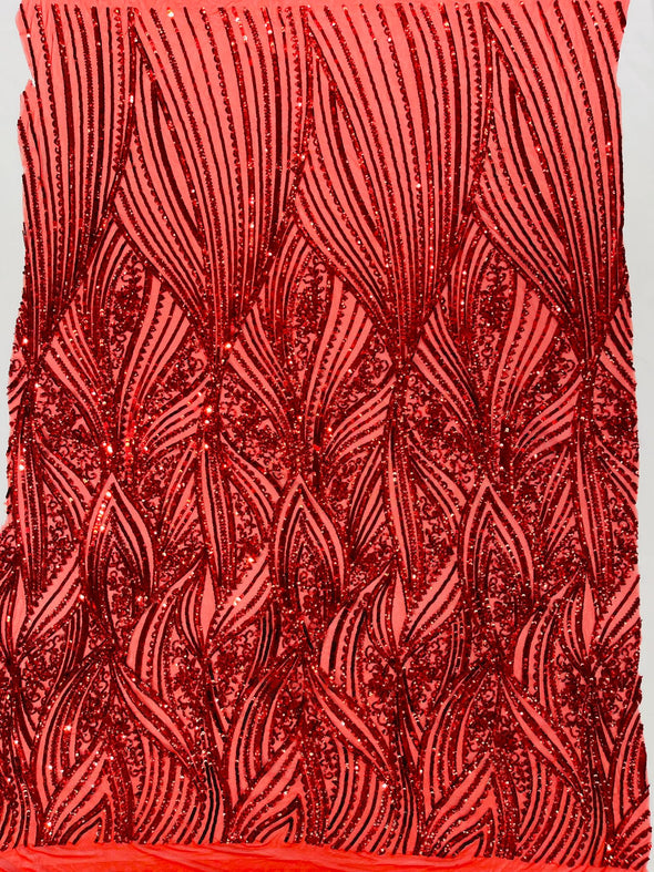 Red Shiny Geometric Feather wing shiny sequin design on a 4 way stretch mesh Fabric-prom-sold by the yard.