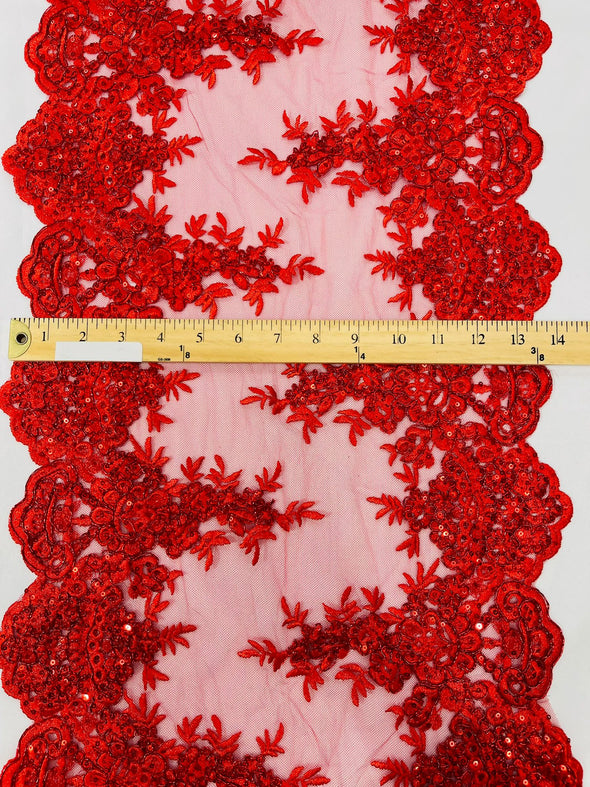 Red 14"Wide Sequins Metallic Embroidered Lace on Mesh Fabric, Trim Lace, Table Runner. Sold By The Yard.