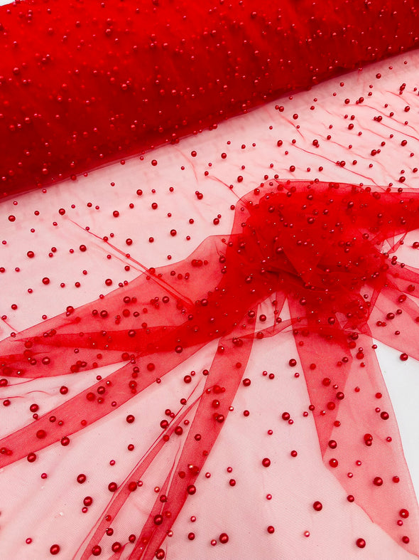 Heavy Scattered Pearls Studded Mesh, 2-Way Stretch, Sold By The Yard.