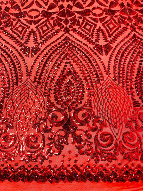 Red Diamond Geometric Sequin On A Stretch Mesh Fabric. By The Yard.