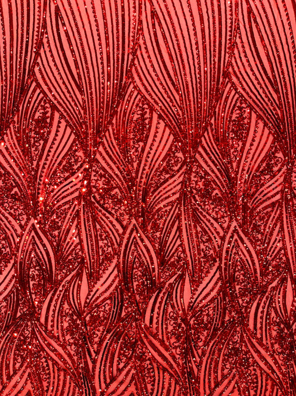 Red Shiny Geometric Feather wing shiny sequin design on a 4 way stretch mesh Fabric-prom-sold by the yard.