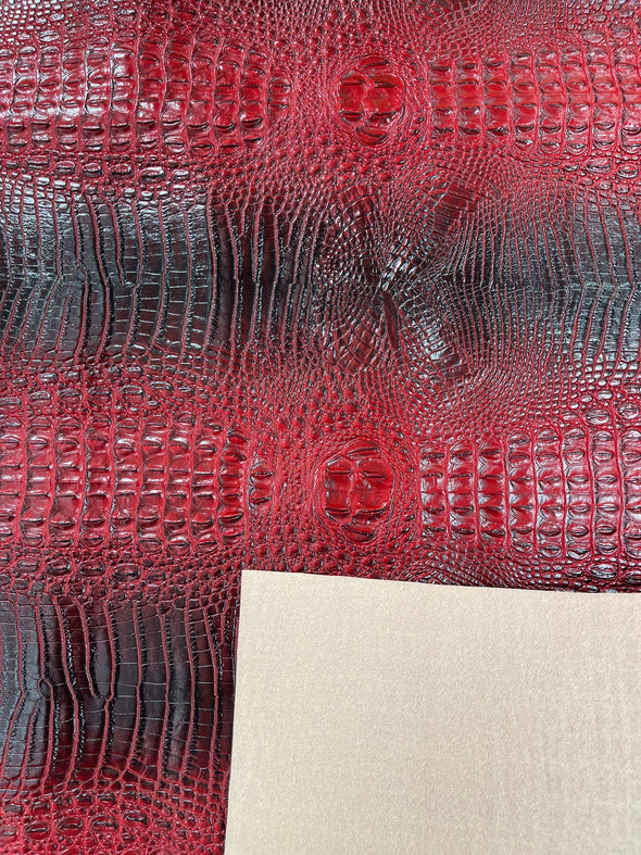 Red 54” Wide Gator Two Tone Fake Leather Upholstery, 3-D Crocodile Skin Texture Faux Leather PVC Vinyl Fabric Sold by The Yard.