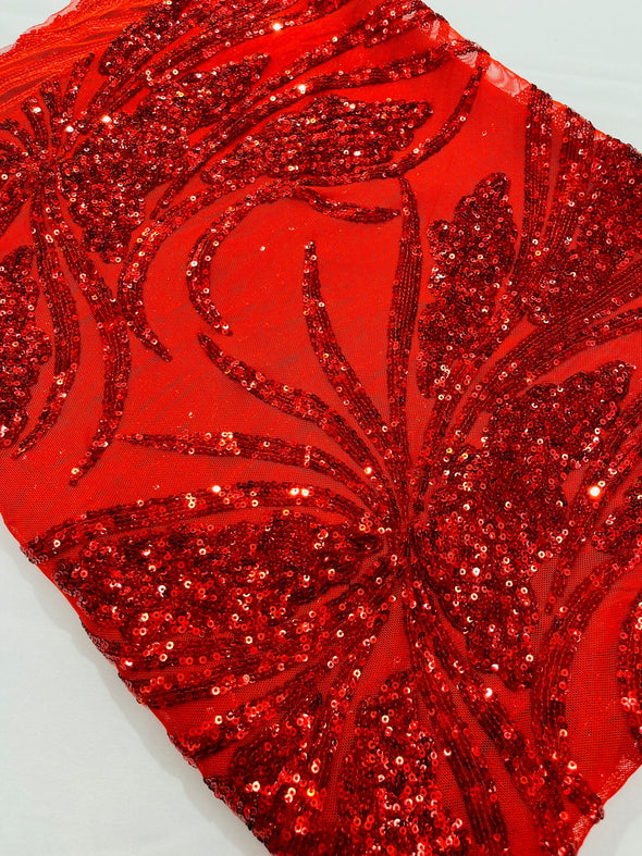 Red Feather damask shiny sequin design on a 4 way stretch mesh Fabric-prom-Sold by the yard