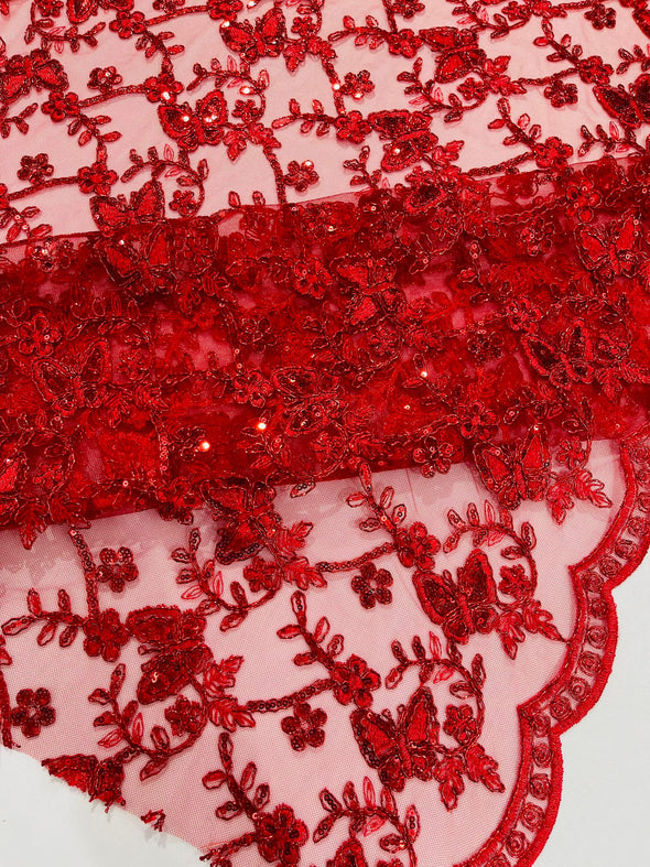 Red Corded Lace/Small Butterfly Design Embroidered with Sequin on a Mesh Lace Fabric.