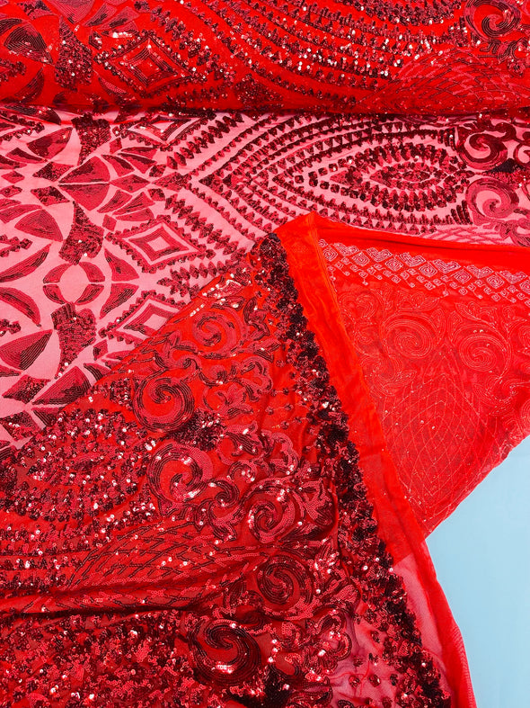 Red Diamond Geometric Sequin On A Stretch Mesh Fabric. By The Yard.