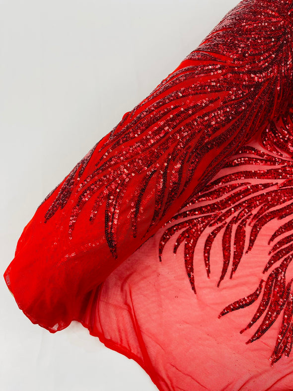 Red Phoenix Feather Design with Sequins Embroider on a Red 4 way Stretch Mesh Fabric- Sold by the yard.